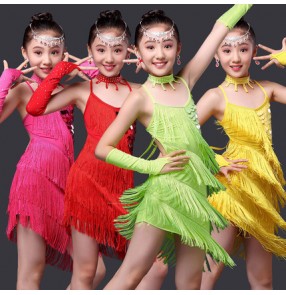 Neon green yellow  red fuchsia hot pink sequins fringes backless  tassels girls kids children stage performance school play salsa cha cha latin dance dresses outfits